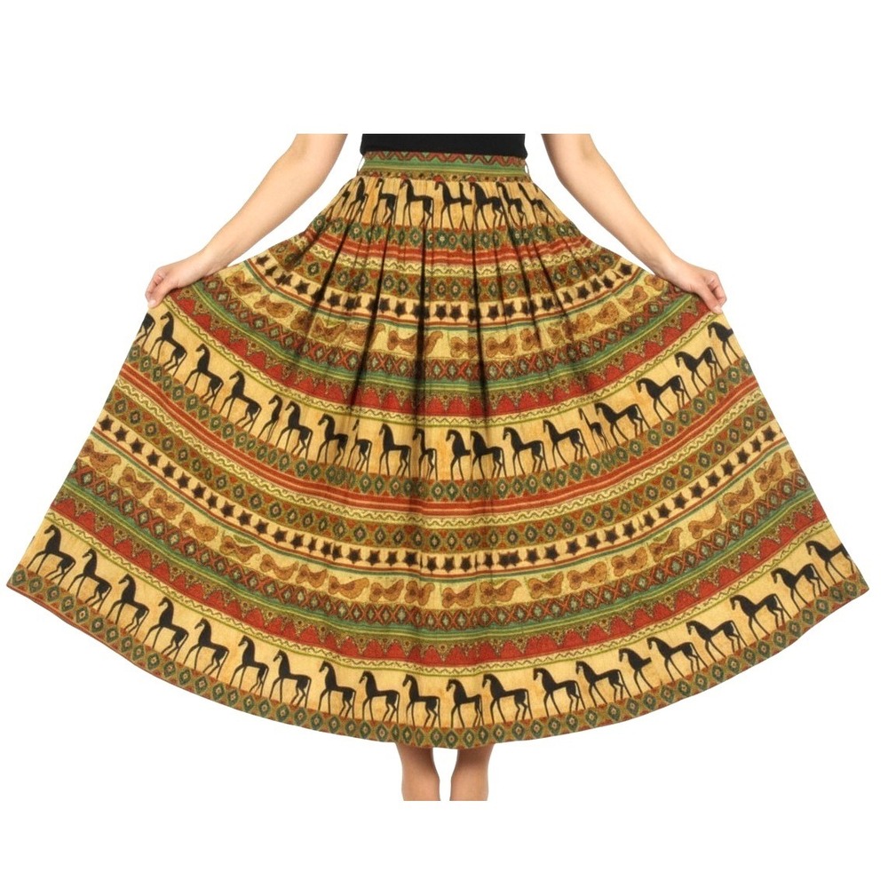VTG BLUE EARTH Brown/Multi BOHO WESTERN Crepe POCKETS Pleated A-LINE SKIRT Sz XL